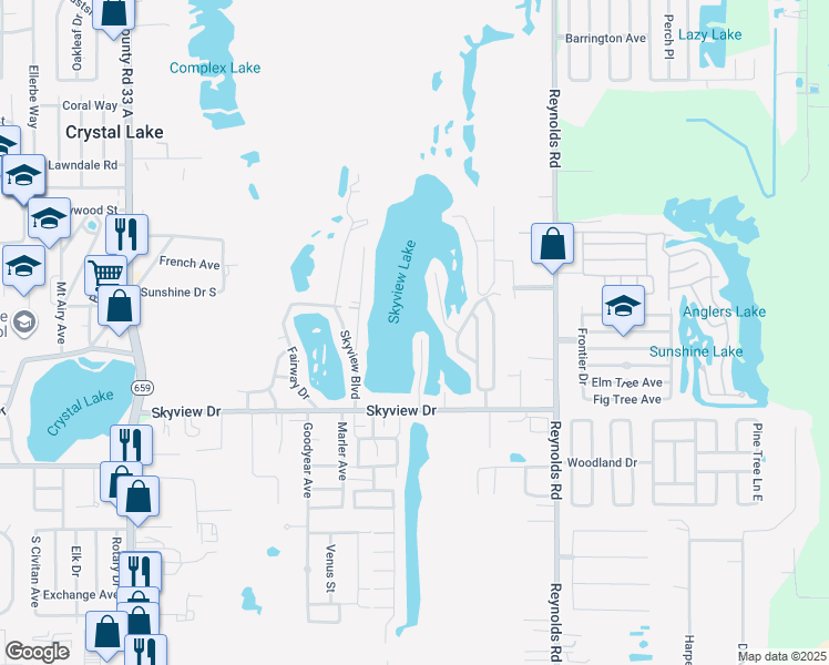 map of restaurants, bars, coffee shops, grocery stores, and more near 1203 Skyview Cove in Lakeland
