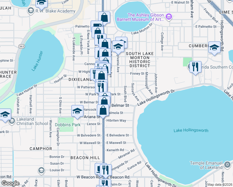 map of restaurants, bars, coffee shops, grocery stores, and more near 206 East Park Street in Lakeland