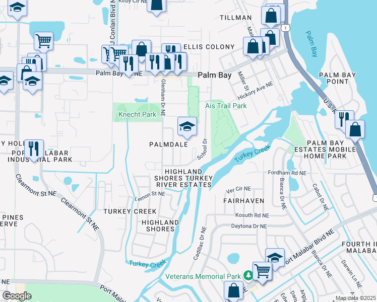 map of restaurants, bars, coffee shops, grocery stores, and more near 1200 Allamanda Road Northeast in Palm Bay