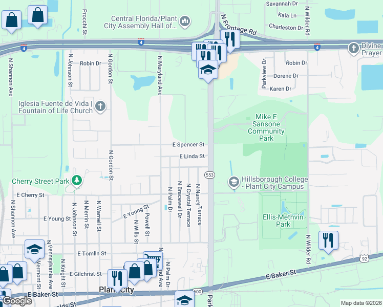 map of restaurants, bars, coffee shops, grocery stores, and more near 1901 East Spencer Street in Plant City