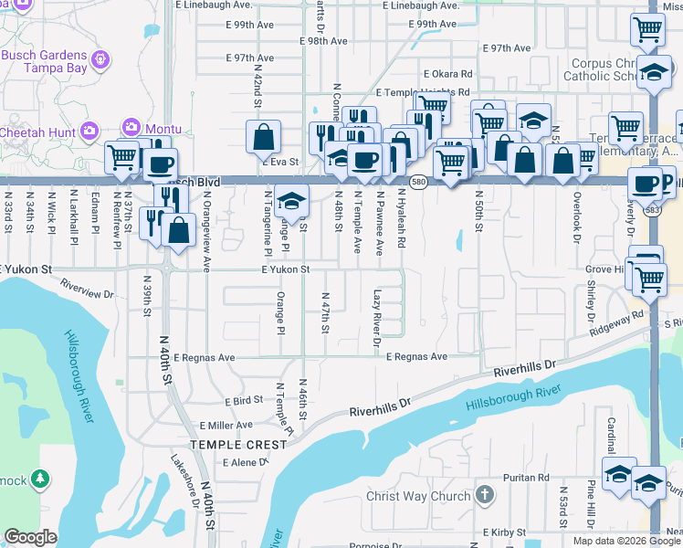 map of restaurants, bars, coffee shops, grocery stores, and more near 4707 East Yukon Street in Tampa