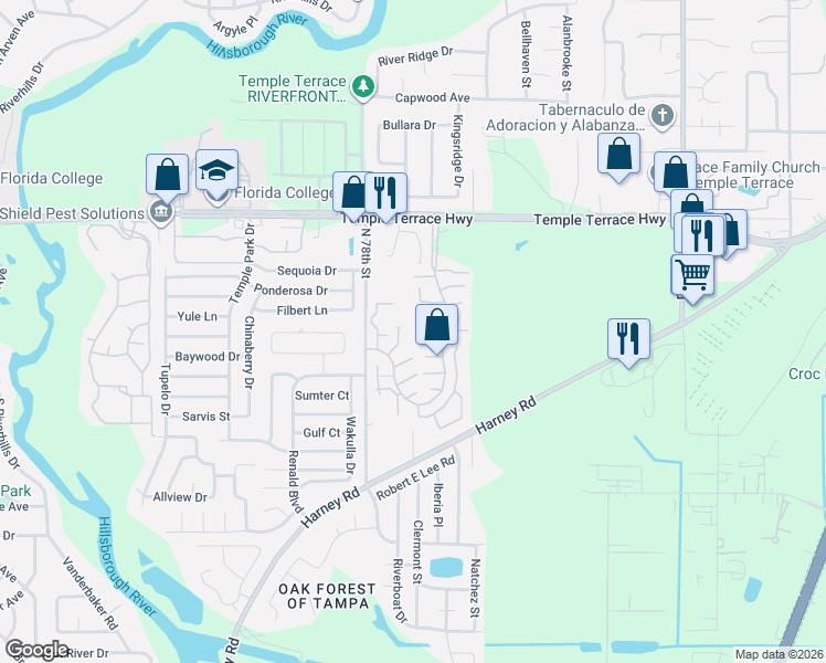 map of restaurants, bars, coffee shops, grocery stores, and more near 7907 Sabal Drive in Temple Terrace