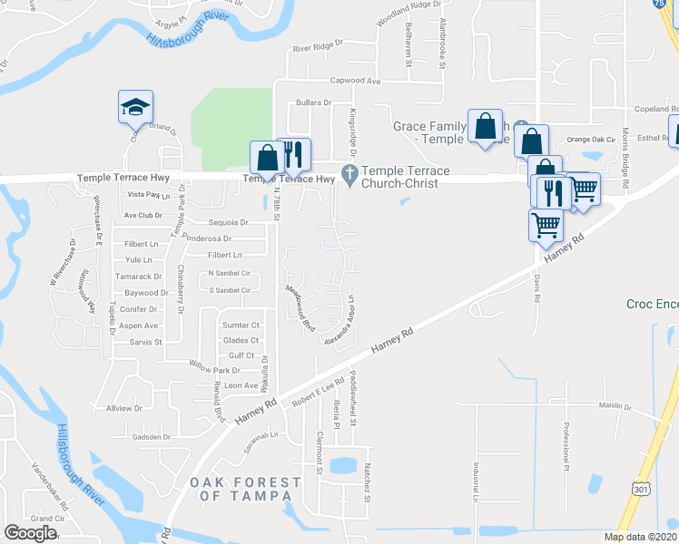 map of restaurants, bars, coffee shops, grocery stores, and more near 8604 Cattail Drive in Tampa