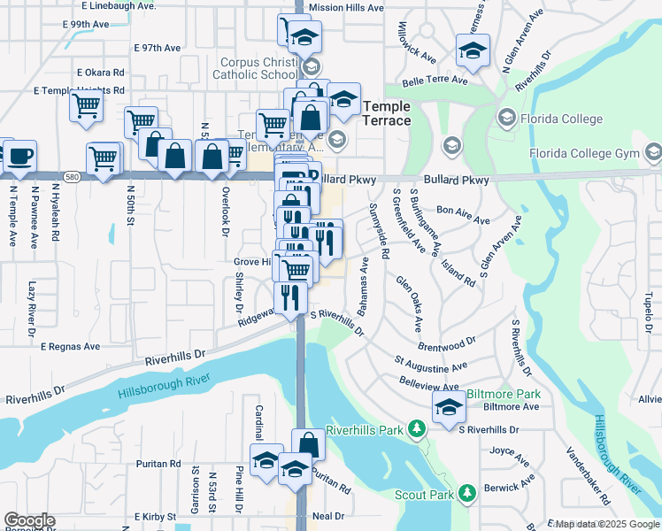 map of restaurants, bars, coffee shops, grocery stores, and more near 8837 North 56th Street in Temple Terrace