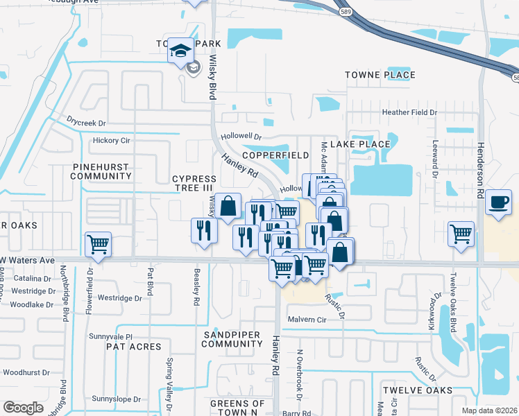 map of restaurants, bars, coffee shops, grocery stores, and more near 7520 Hollowell Drive in Tampa
