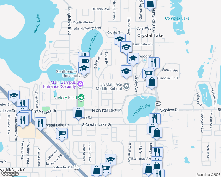 map of restaurants, bars, coffee shops, grocery stores, and more near 1120 Cinnamon Way West in Lakeland