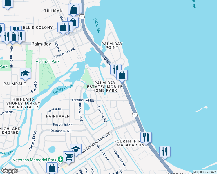 map of restaurants, bars, coffee shops, grocery stores, and more near 3109 Deer Run Drive Northeast in Palm Bay