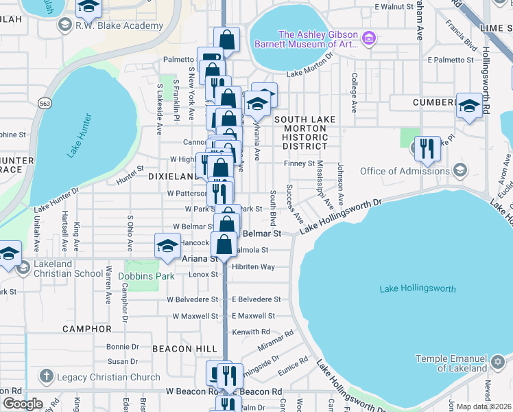 map of restaurants, bars, coffee shops, grocery stores, and more near 208 East Park Street in Lakeland