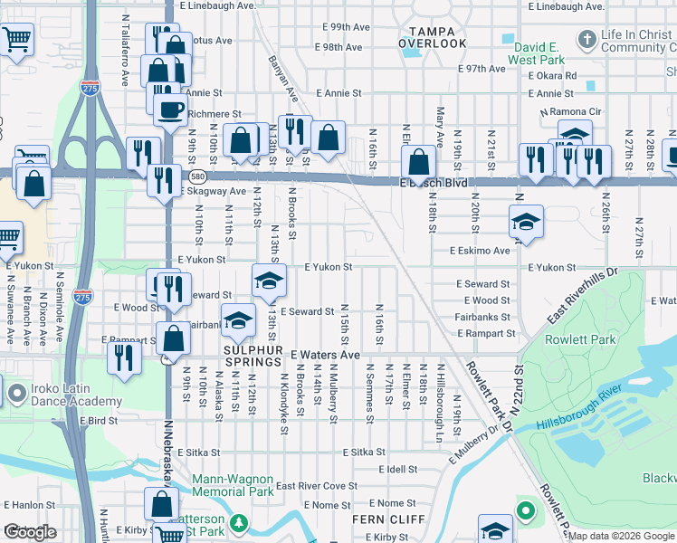 map of restaurants, bars, coffee shops, grocery stores, and more near 8612 North 15th Street in Tampa