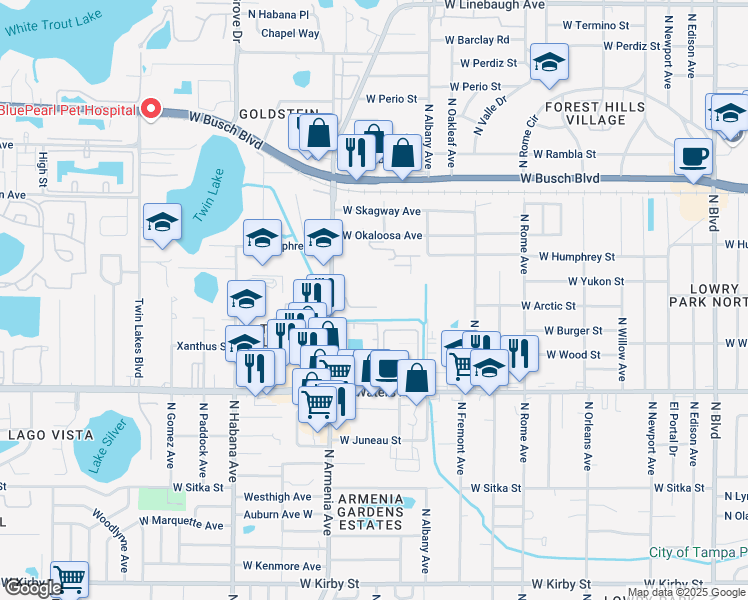 map of restaurants, bars, coffee shops, grocery stores, and more near 2228 Blue Spruce Way in Tampa