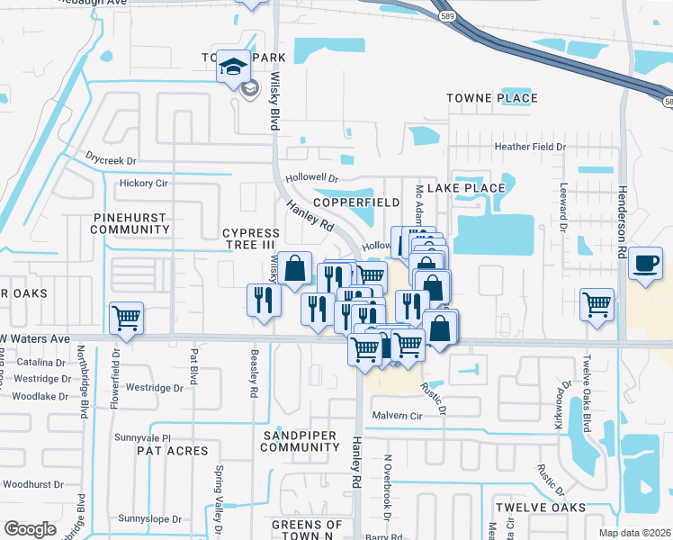 map of restaurants, bars, coffee shops, grocery stores, and more near 7520 Hollowell Drive in Tampa