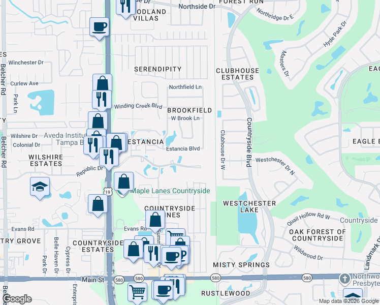 map of restaurants, bars, coffee shops, grocery stores, and more near 2569 Estancia Boulevard in Clearwater