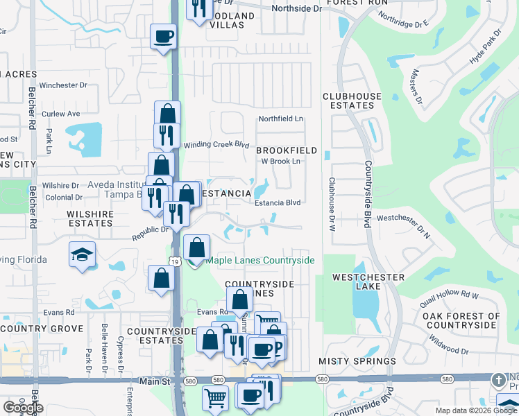 map of restaurants, bars, coffee shops, grocery stores, and more near 2533 Estancia Boulevard in Clearwater