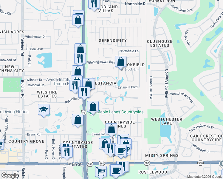 map of restaurants, bars, coffee shops, grocery stores, and more near 2498 Alhambra Court in Clearwater