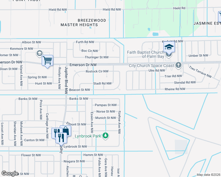 map of restaurants, bars, coffee shops, grocery stores, and more near 725 Beacon Street Northwest in Palm Bay