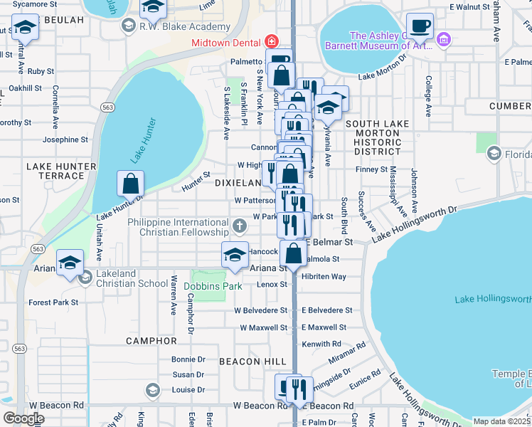 map of restaurants, bars, coffee shops, grocery stores, and more near 215 West Park Street in Lakeland