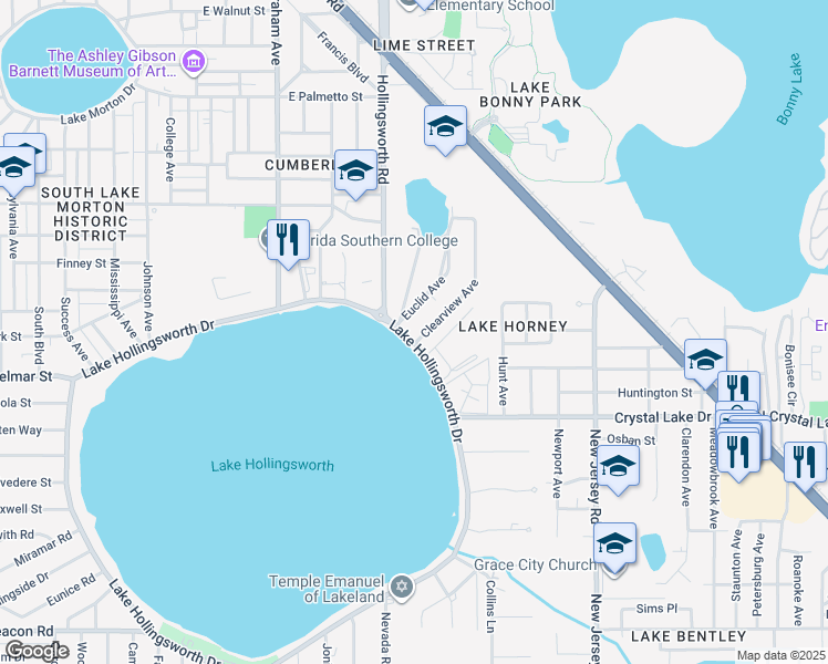map of restaurants, bars, coffee shops, grocery stores, and more near 1069 Clearview Avenue in Lakeland