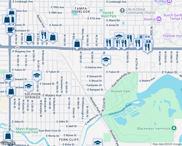 map of restaurants, bars, coffee shops, grocery stores, and more near 8618 North 20th Street in Tampa