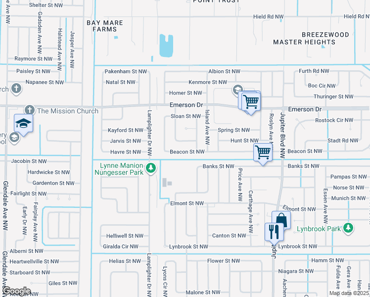 map of restaurants, bars, coffee shops, grocery stores, and more near 1157 Beacon Street Northwest in Palm Bay