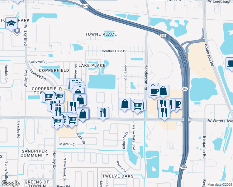 map of restaurants, bars, coffee shops, grocery stores, and more near 8518 Sandy Beach Street in Tampa