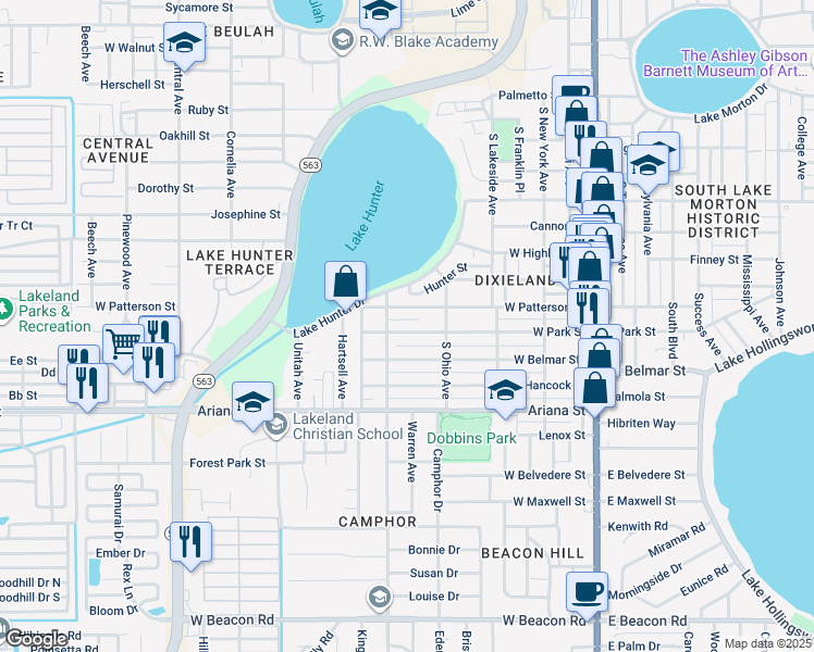 map of restaurants, bars, coffee shops, grocery stores, and more near 705 West Park Street in Lakeland