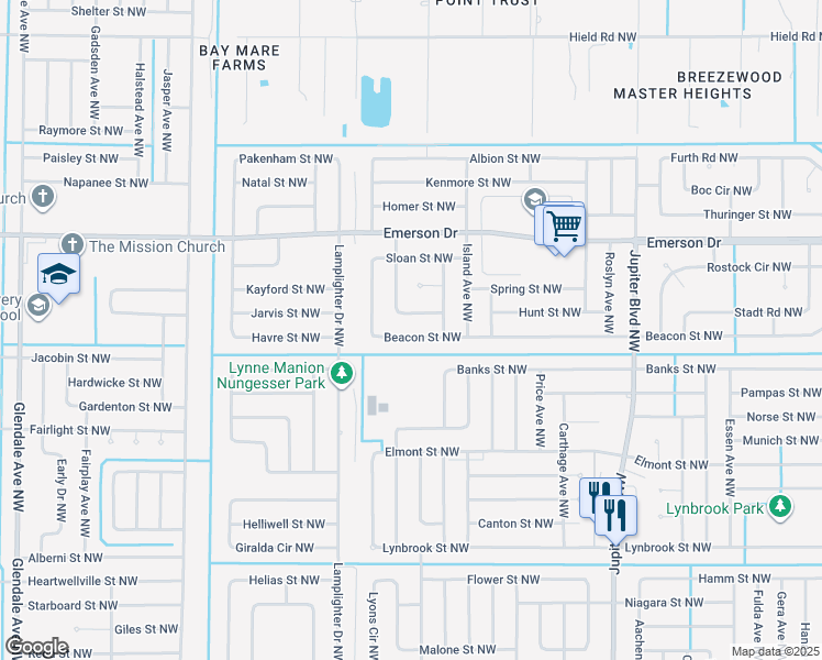 map of restaurants, bars, coffee shops, grocery stores, and more near 1157 Beacon Street Northwest in Palm Bay