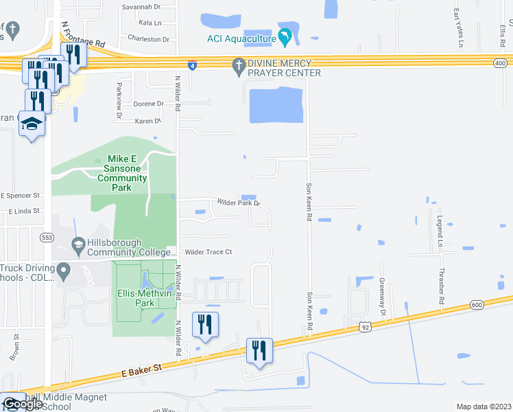 map of restaurants, bars, coffee shops, grocery stores, and more near 2903 Wilder Park Drive in Plant City