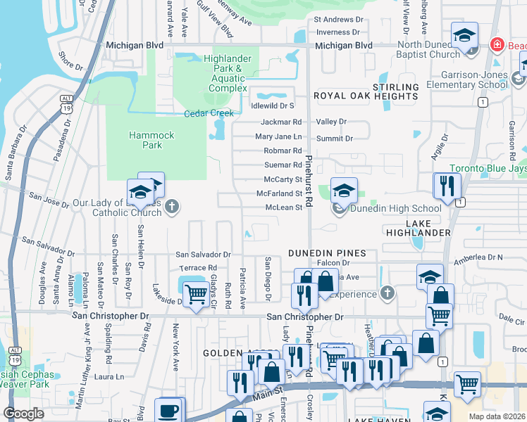 map of restaurants, bars, coffee shops, grocery stores, and more near 1049 McLean Street in Dunedin