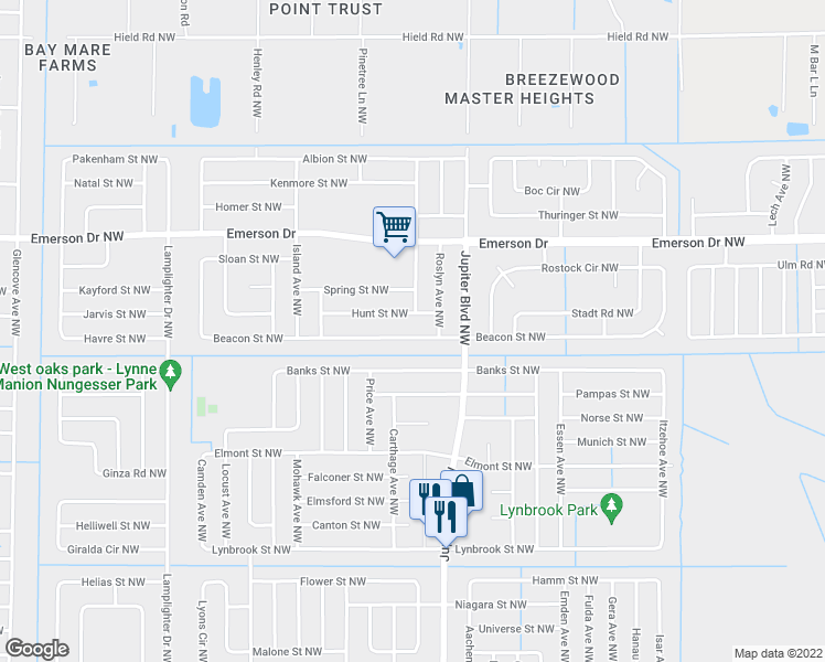 map of restaurants, bars, coffee shops, grocery stores, and more near 957 Beacon Street Northwest in Palm Bay