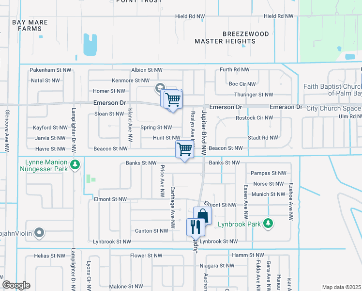 map of restaurants, bars, coffee shops, grocery stores, and more near 977 Beacon Street Northwest in Palm Bay