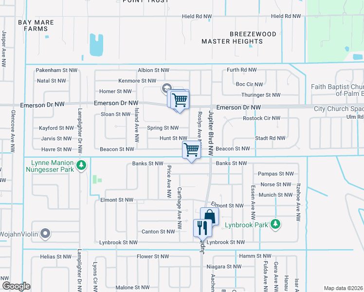 map of restaurants, bars, coffee shops, grocery stores, and more near 977 Beacon Street Northwest in Palm Bay