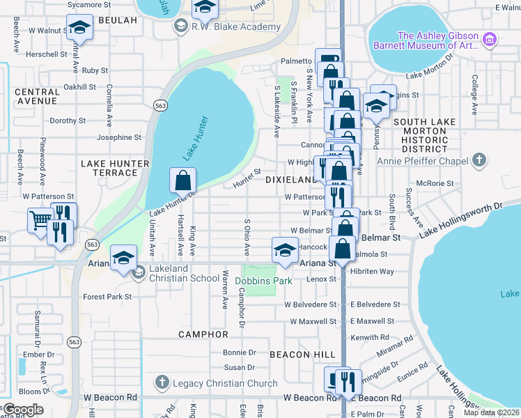 map of restaurants, bars, coffee shops, grocery stores, and more near 509 West Park Street in Lakeland