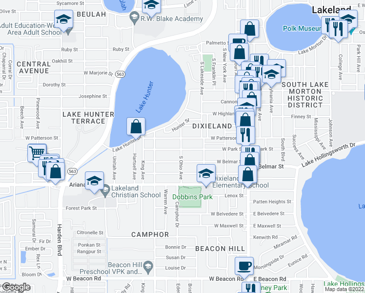 map of restaurants, bars, coffee shops, grocery stores, and more near 545 West Park Street in Lakeland