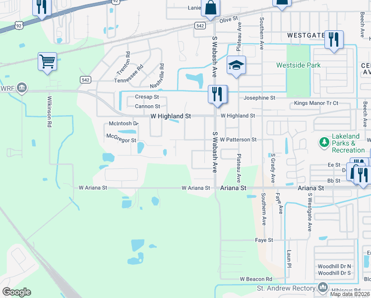 map of restaurants, bars, coffee shops, grocery stores, and more near 1198 South Smith Avenue in Lakeland