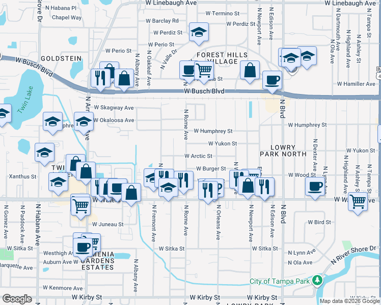 map of restaurants, bars, coffee shops, grocery stores, and more near 8618 North Rome Avenue in Tampa