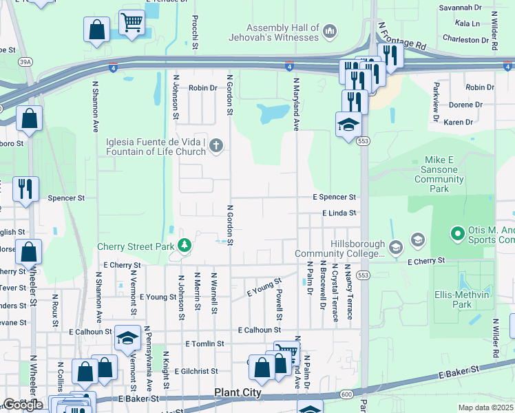 map of restaurants, bars, coffee shops, grocery stores, and more near 1601 North Wills Street in Plant City