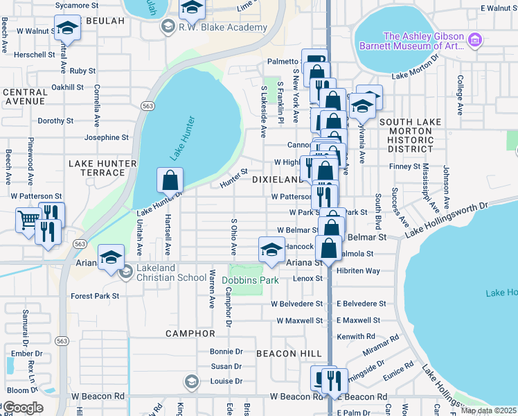 map of restaurants, bars, coffee shops, grocery stores, and more near 509 West Park Street in Lakeland