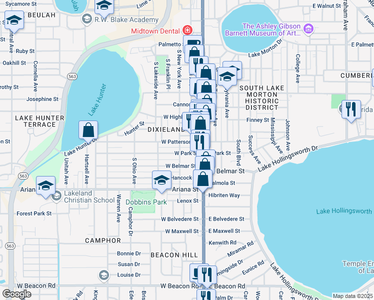 map of restaurants, bars, coffee shops, grocery stores, and more near 205 West Park Street in Lakeland