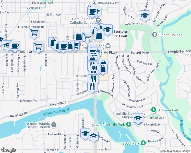 map of restaurants, bars, coffee shops, grocery stores, and more near 8837 N 56th St in Temple Terrace