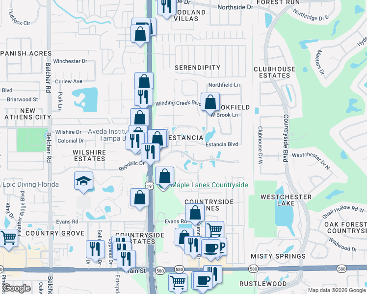 map of restaurants, bars, coffee shops, grocery stores, and more near 2456 Balboa Court in Clearwater