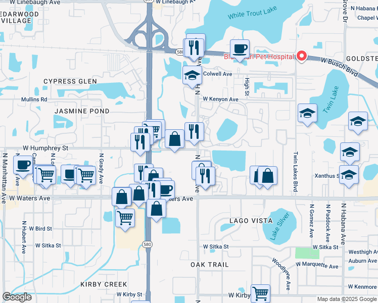 map of restaurants, bars, coffee shops, grocery stores, and more near 3620 West Humphrey Street in Tampa