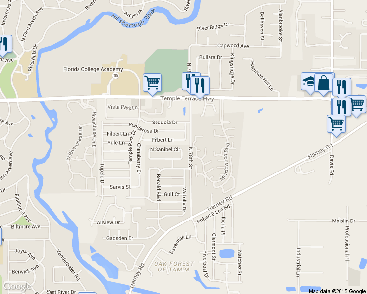 map of restaurants, bars, coffee shops, grocery stores, and more near 7614 North Sanibel Circle in Tampa