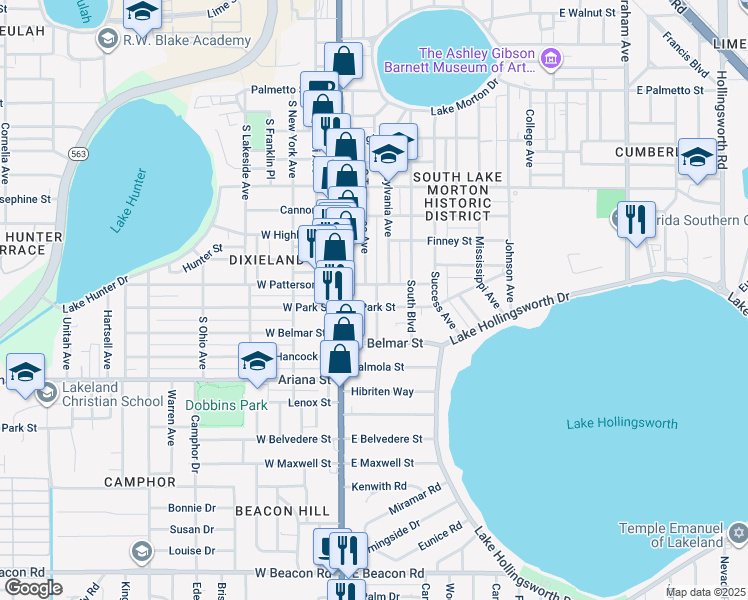 map of restaurants, bars, coffee shops, grocery stores, and more near 1062 South Tennessee Avenue in Lakeland