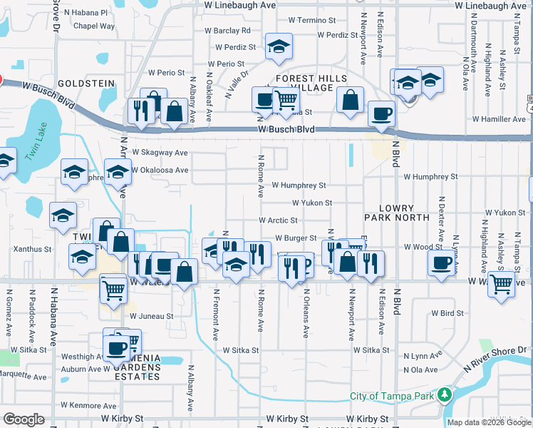 map of restaurants, bars, coffee shops, grocery stores, and more near 8618 North Rome Avenue in Tampa
