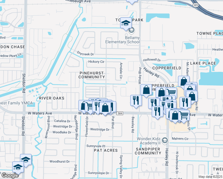 map of restaurants, bars, coffee shops, grocery stores, and more near 8536 Edgewater Place Boulevard in Tampa