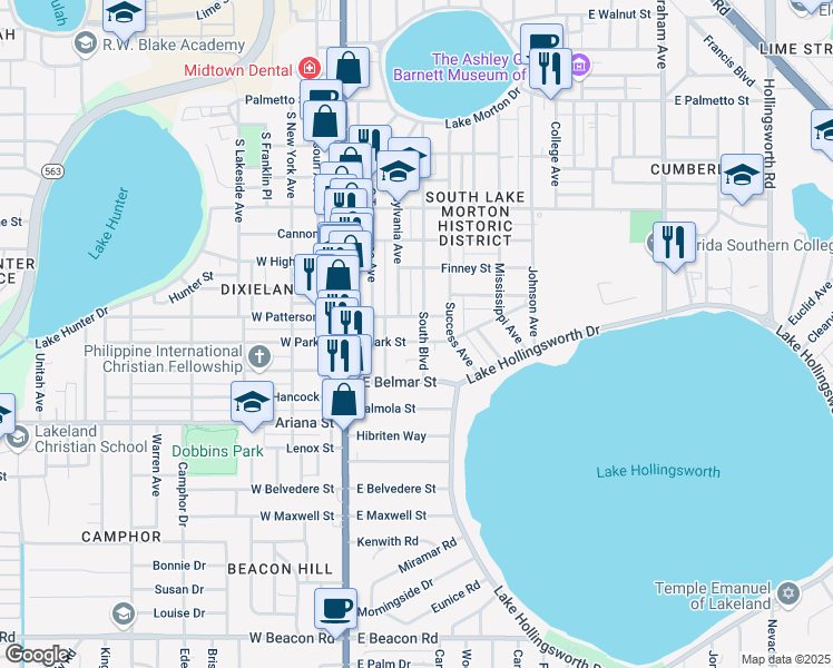 map of restaurants, bars, coffee shops, grocery stores, and more near 1061 South Boulevard in Lakeland