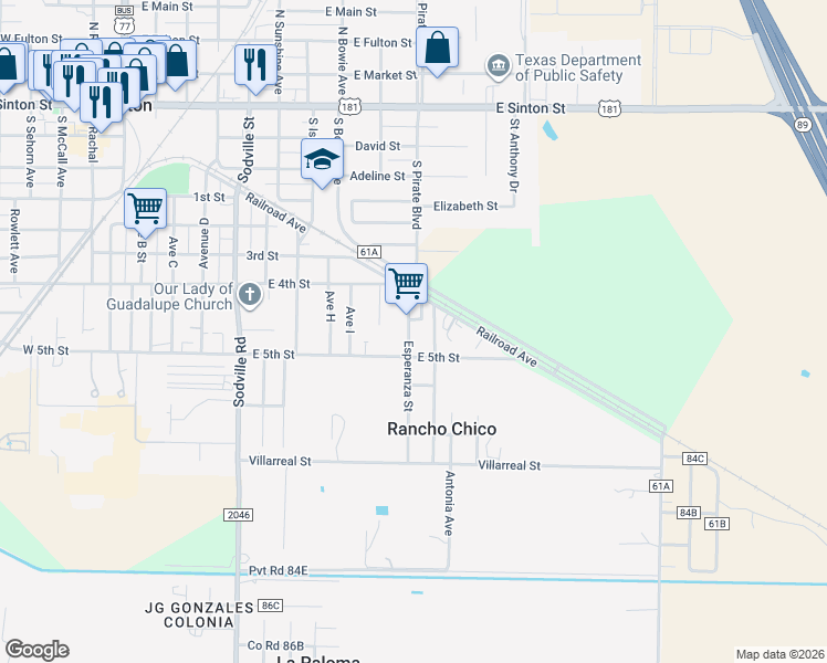 map of restaurants, bars, coffee shops, grocery stores, and more near 804 Esperanza Street in Sinton