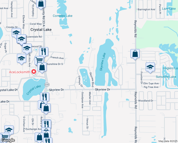 map of restaurants, bars, coffee shops, grocery stores, and more near 1211 Skyview Boulevard in Lakeland