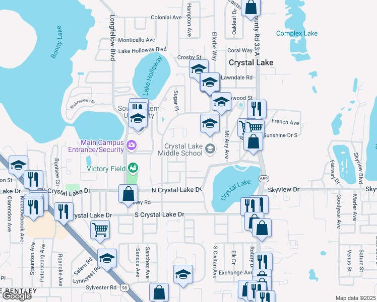 map of restaurants, bars, coffee shops, grocery stores, and more near 1120 Cinnamon Way West in Lakeland