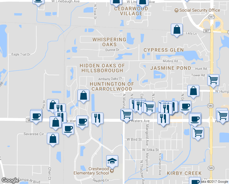 map of restaurants, bars, coffee shops, grocery stores, and more near 4455 Har Paul Circle in Tampa